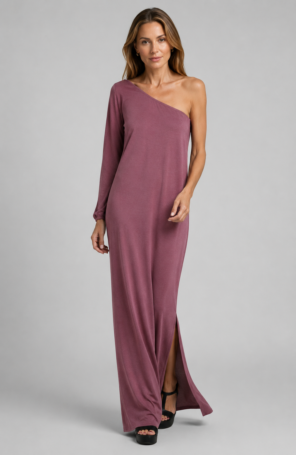Women's black one-shoulder maxi dress with minimalist silhouette
