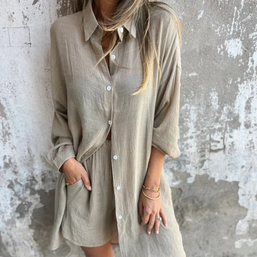 Women's light brown linen two piece set with breathable relaxed fit