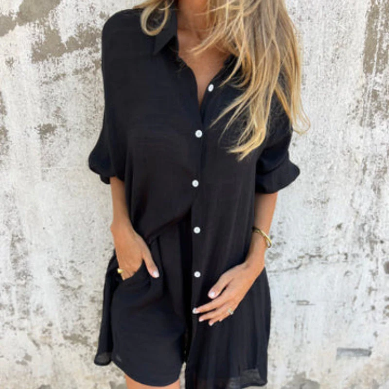 Women's blue linen two piece set with breathable relaxed fit