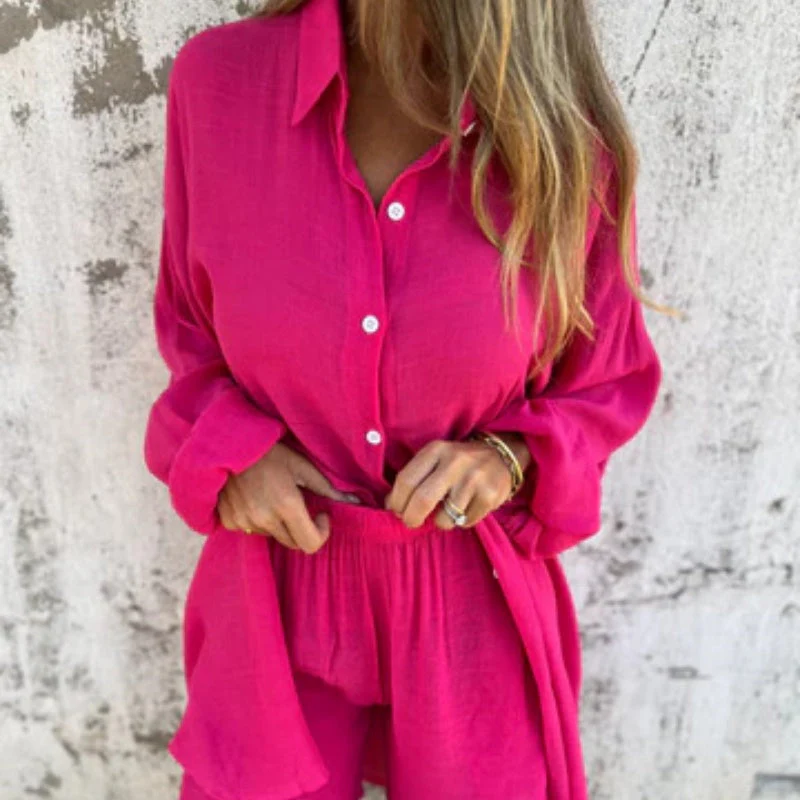 Women's blue linen two piece set with breathable relaxed fit