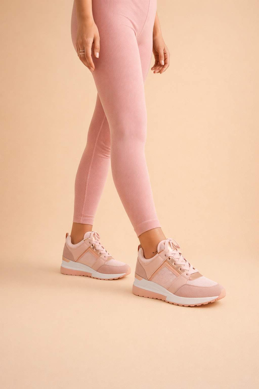 Women's white hidden wedge sneakers with perforated lace-up upper