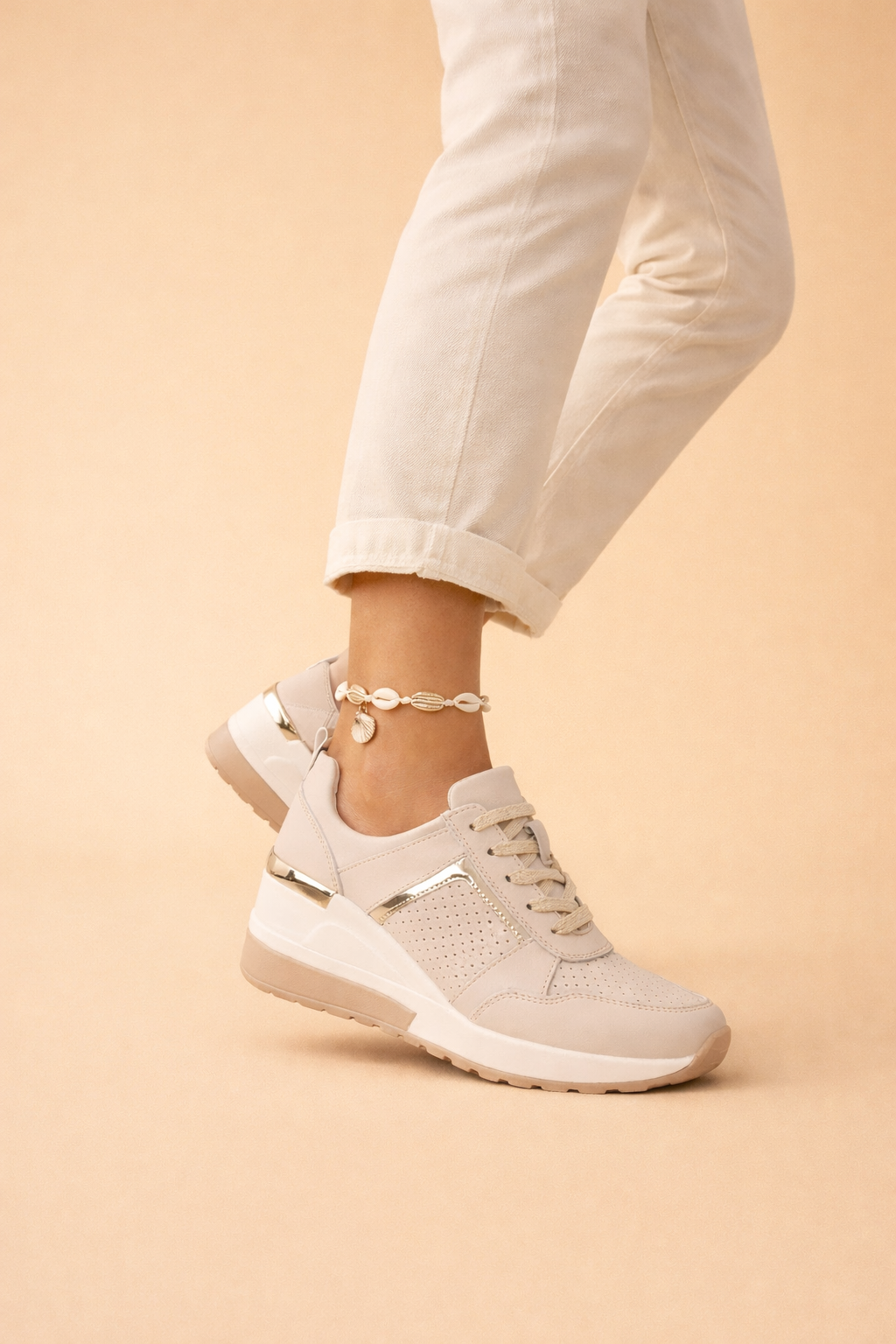 Women's white hidden wedge sneakers with perforated lace-up upper