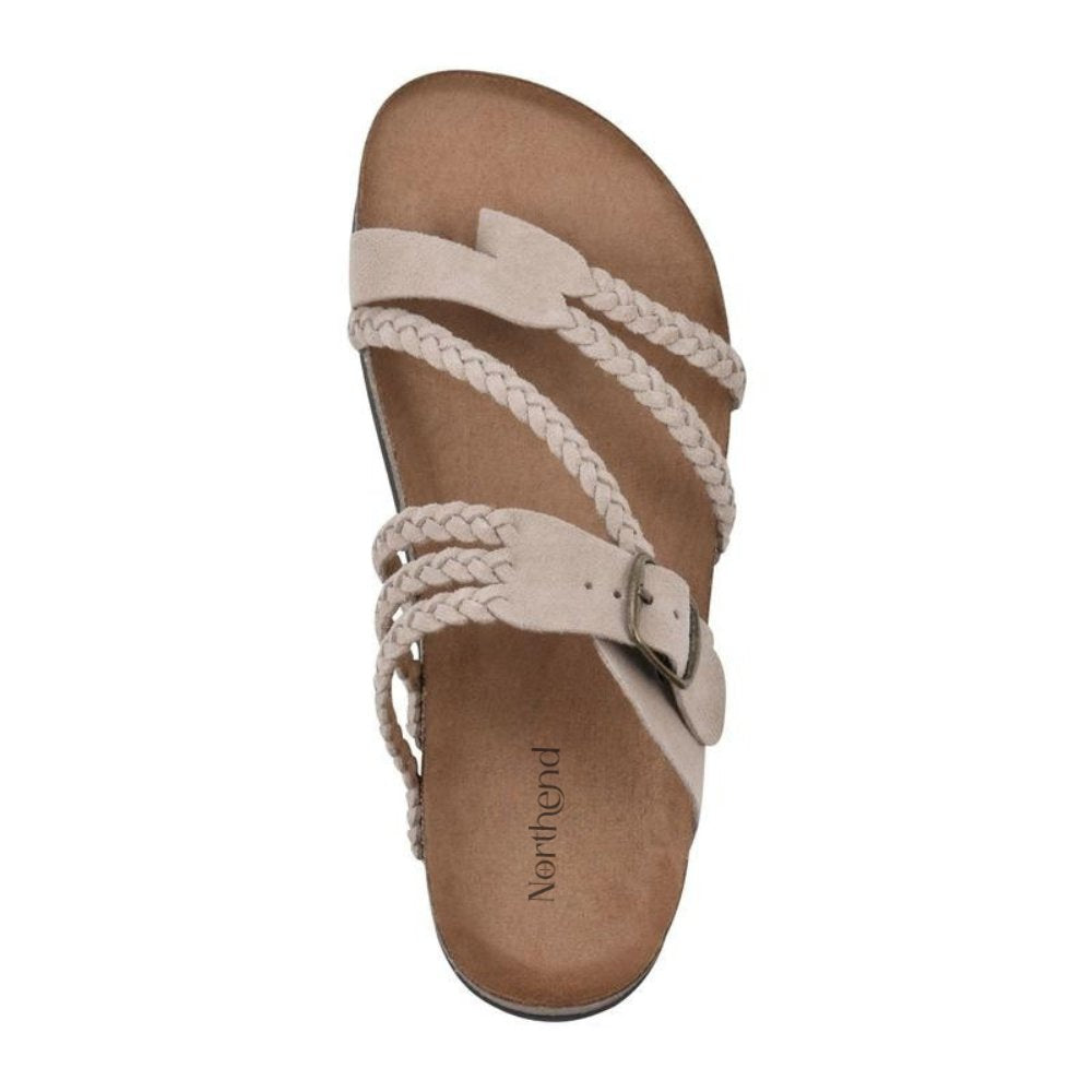 Women's green braided strap sandals with contoured cork footbed