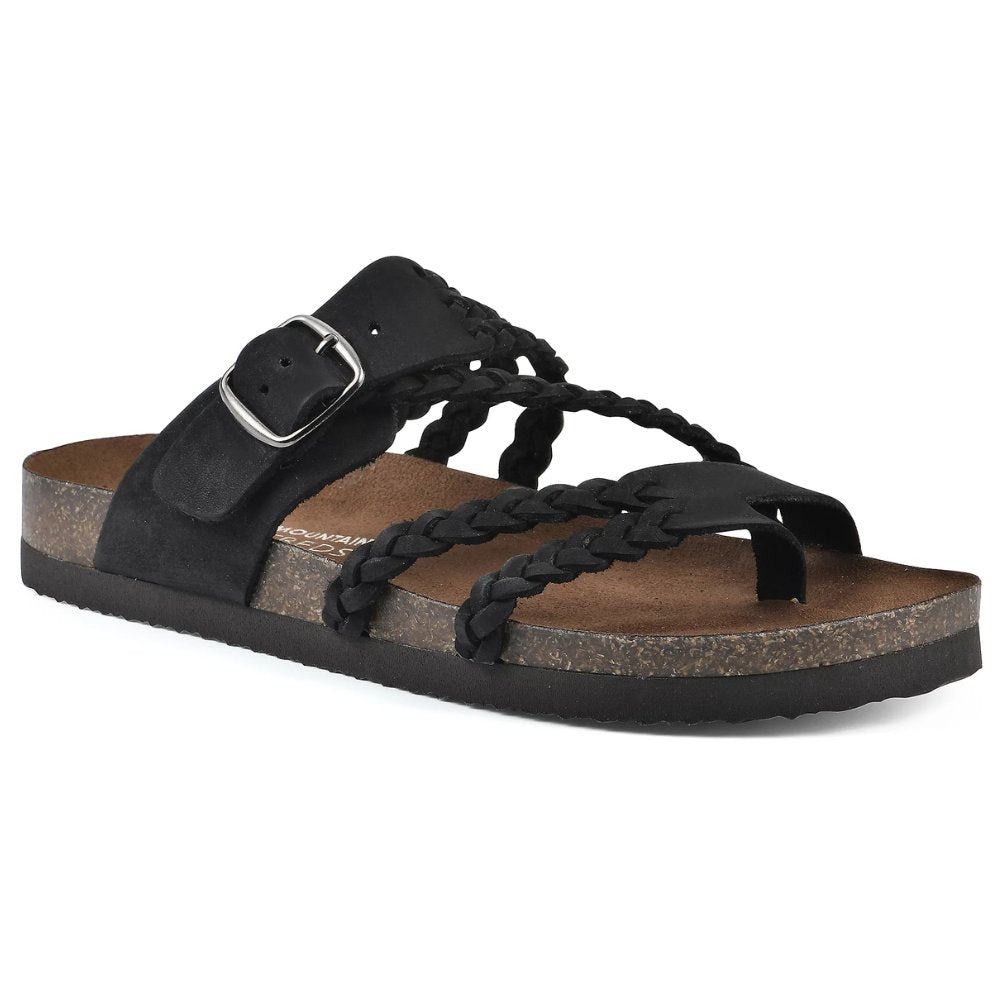 Women's green braided strap sandals with contoured cork footbed