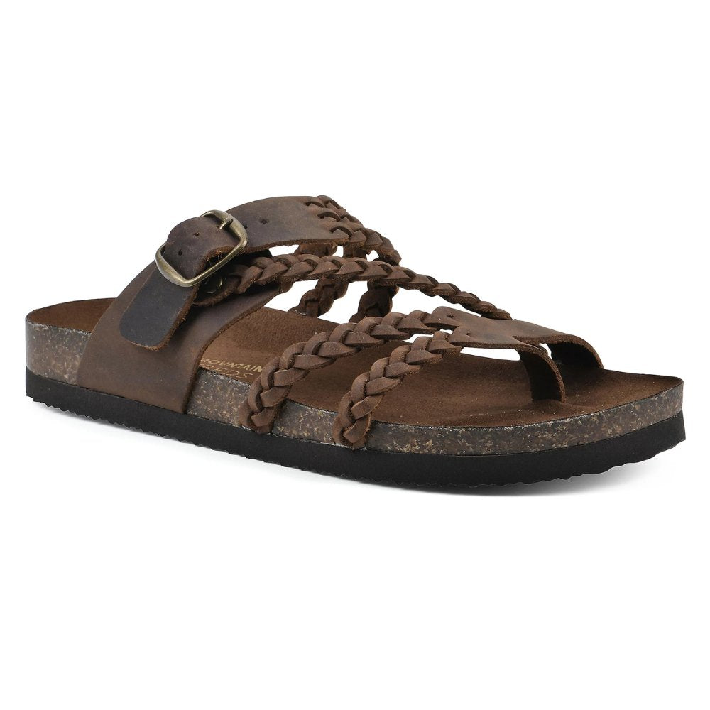 Women's green braided strap sandals with contoured cork footbed
