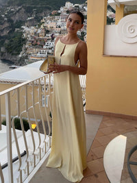 Thalia | Women's Satin Slip Maxi Dress with Fluid Evening Drape – Light Yellow