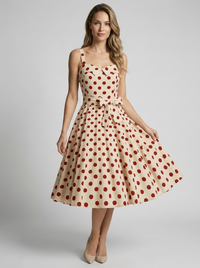 Winnie | Women's Vintage Polka Dot Midi Dress with Fitted Bodice and Skirt