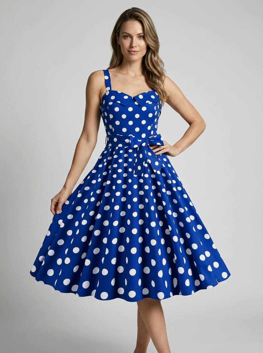 Women's beige vintage polka dot midi dress with fitted bodice