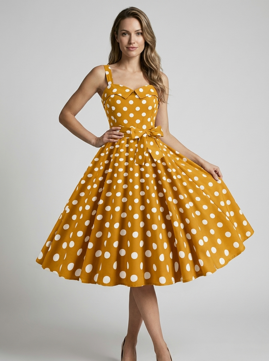 Women's beige vintage polka dot midi dress with fitted bodice
