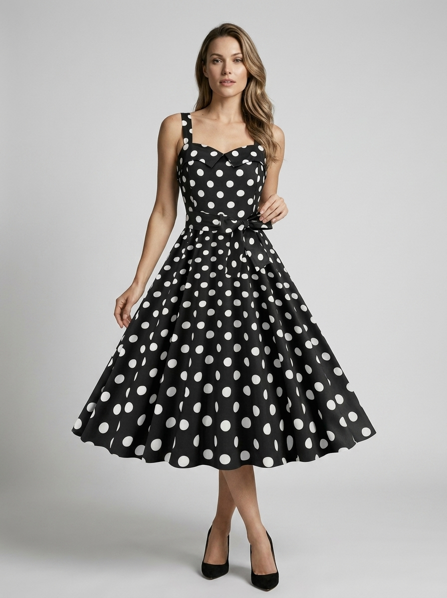 Women's beige vintage polka dot midi dress with fitted bodice