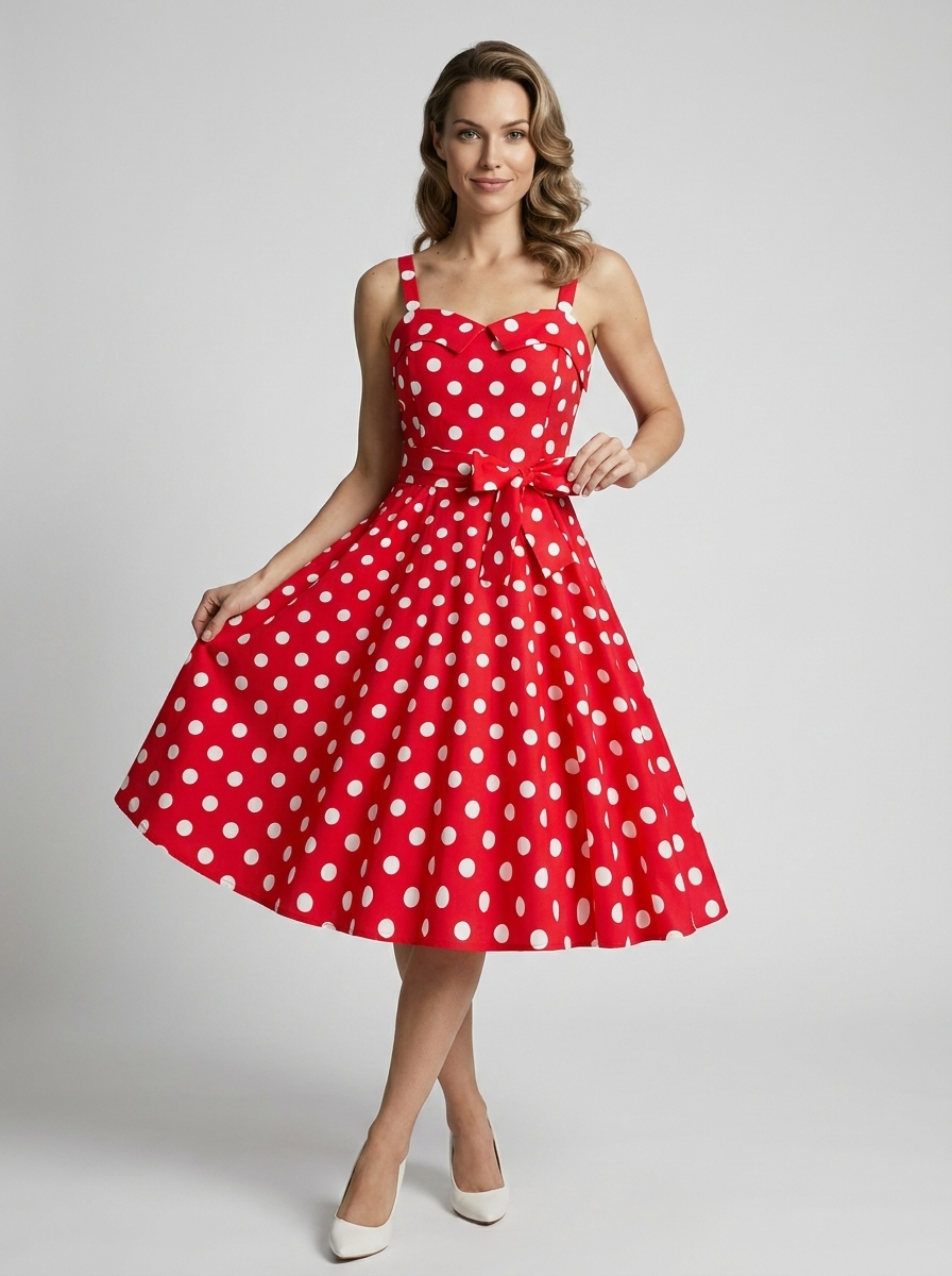 Women's beige vintage polka dot midi dress with fitted bodice