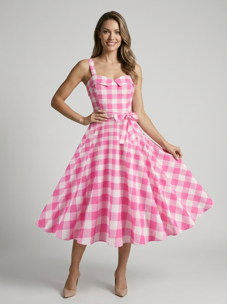 Women's blue vintage polka dot midi dress with fitted bodice