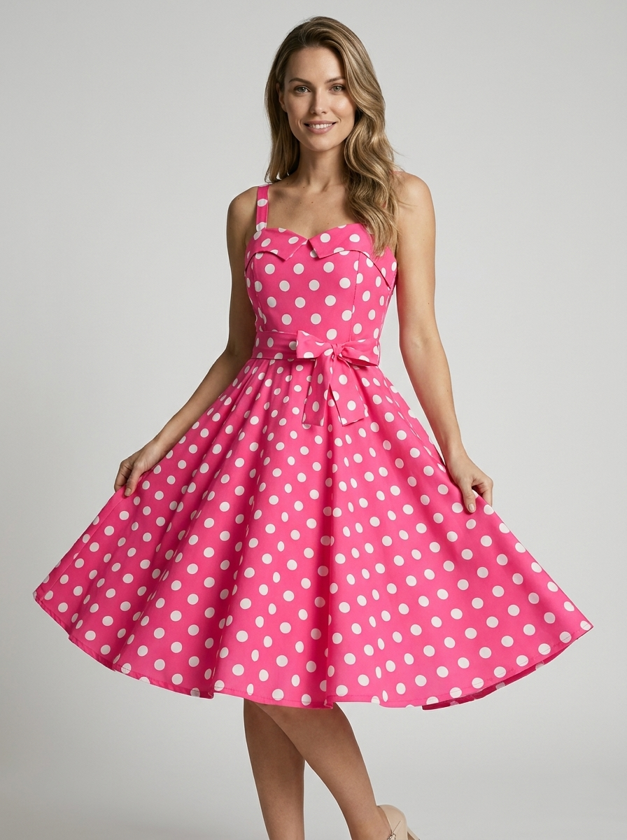 Women's blue vintage polka dot midi dress with fitted bodice