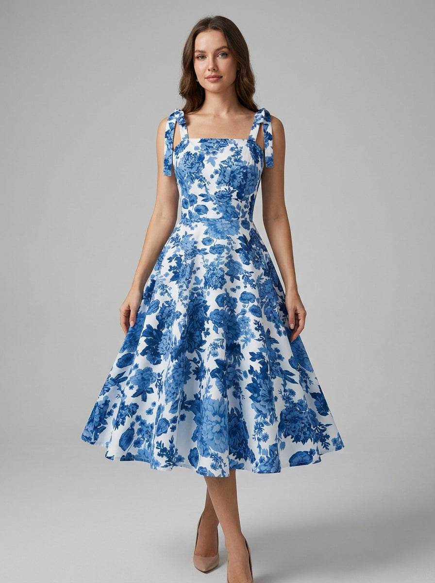 Women's green floral a-line dress with fitted bodice and flared skirt