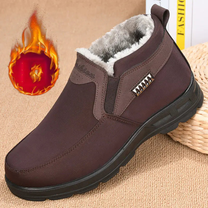 Men's black plush lined slip-on shoes with non-slip sole