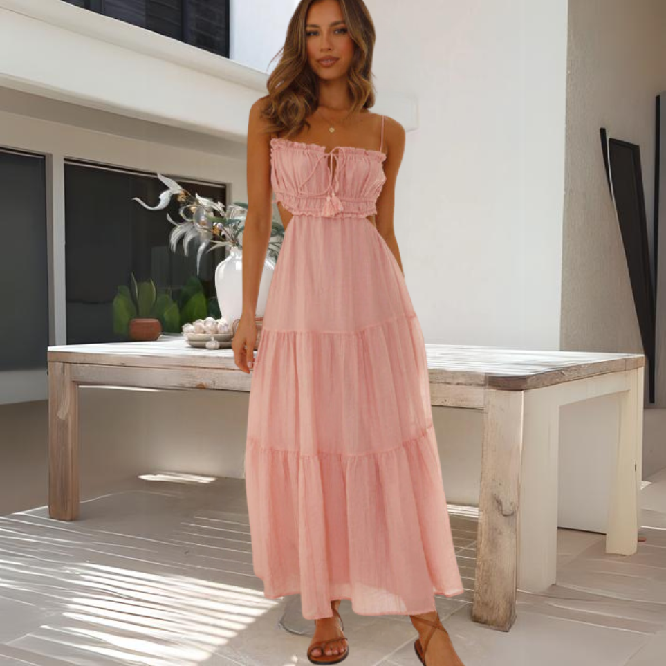 Women's rose strapless maxi dress with fitted bodice