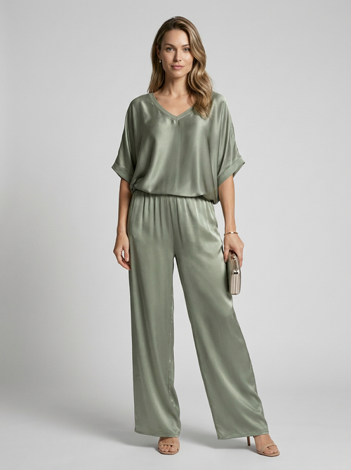 Women's green satin lounge set with wide leg pants