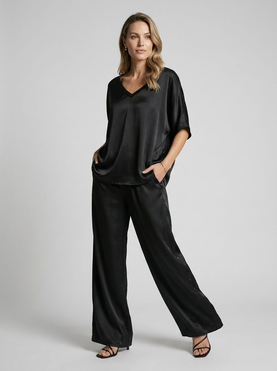 Women's green satin lounge set with wide leg pants