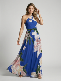 Nicole | Women's Asymmetric Floral Maxi Dress with Breezy Feminine Drape
