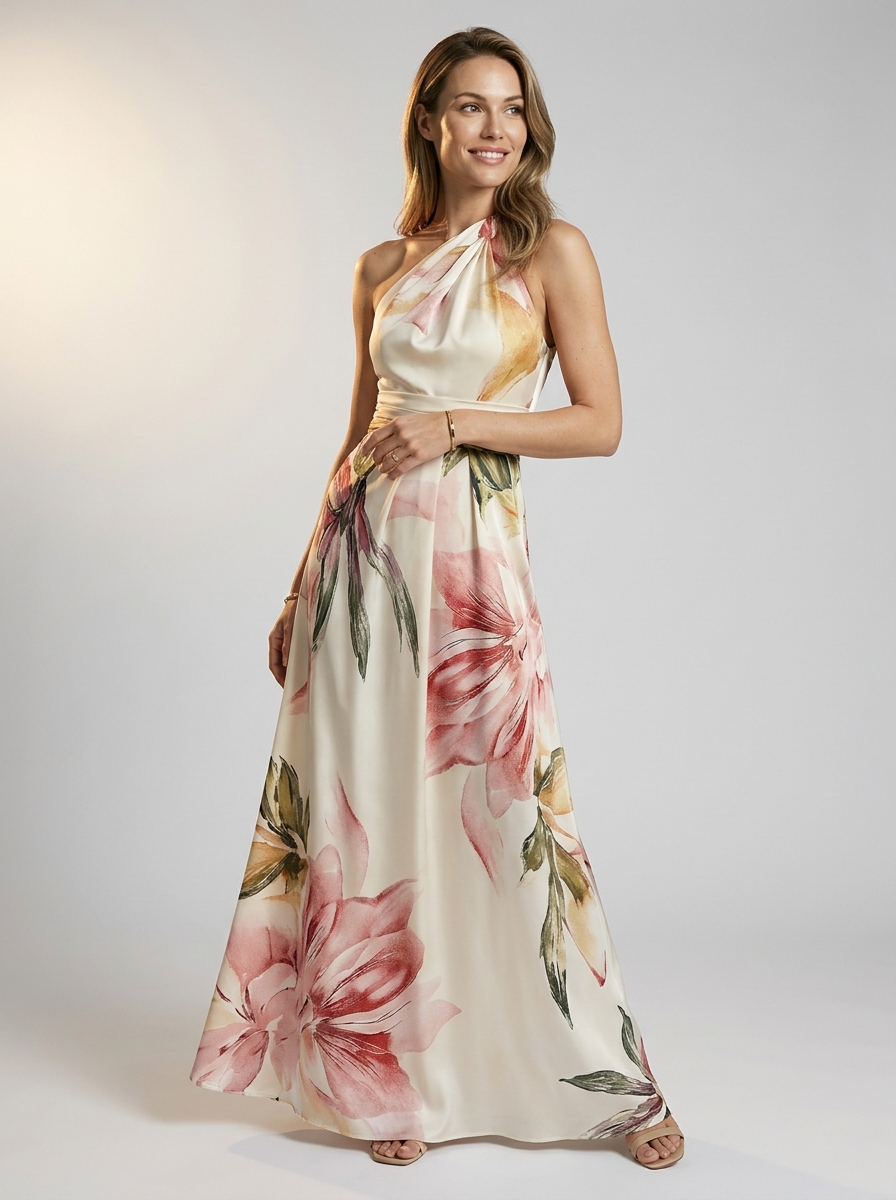 Women's dark blue asymmetric floral maxi dress with breezy drape
