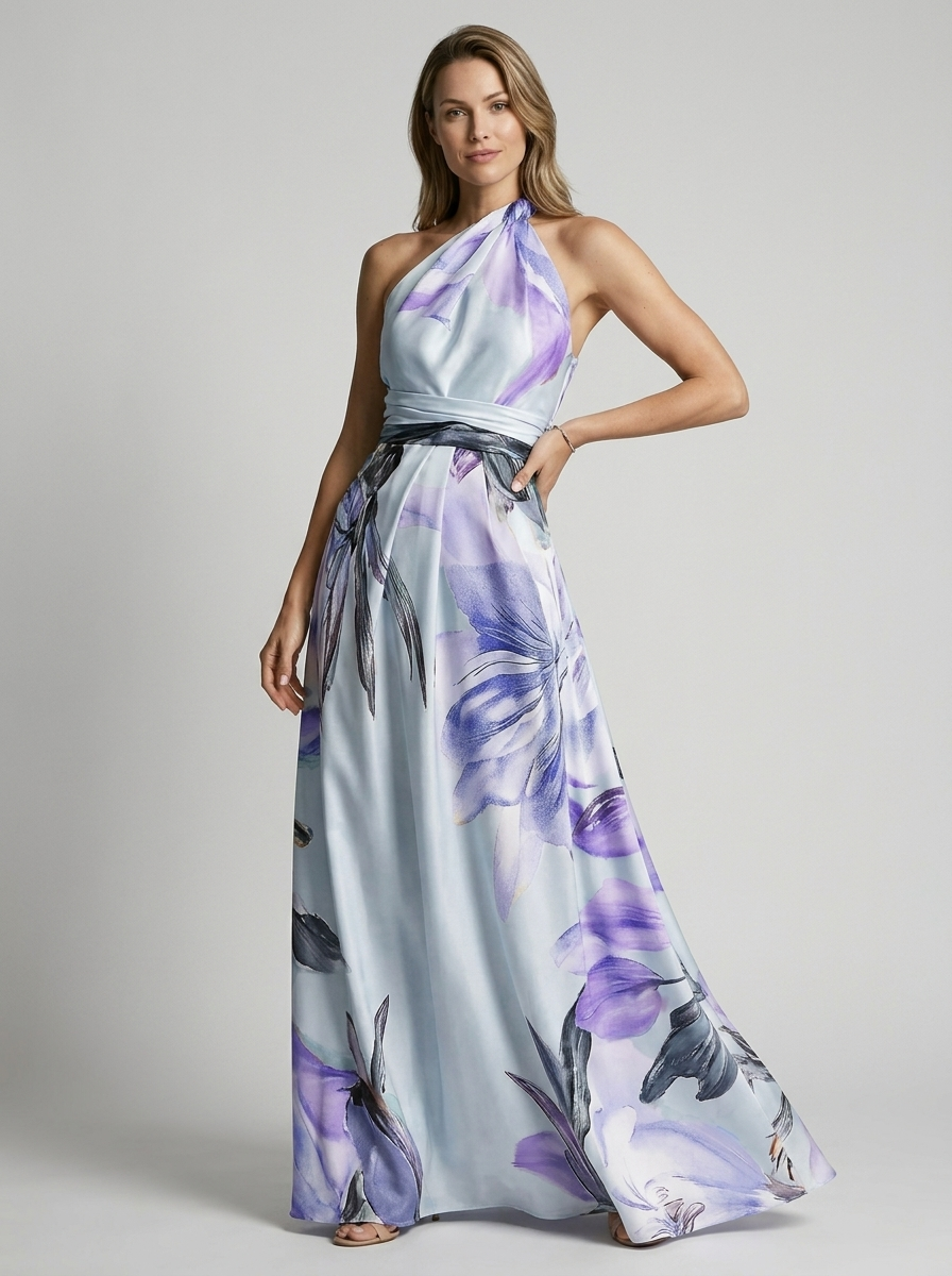 Women's dark blue asymmetric floral maxi dress with breezy drape