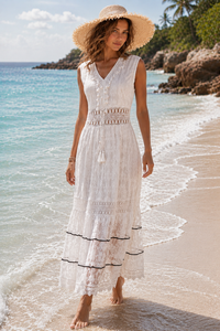 Indigo | Women's Boho Lace Maxi Dress with V-Neck and Gold Embroidery Detail