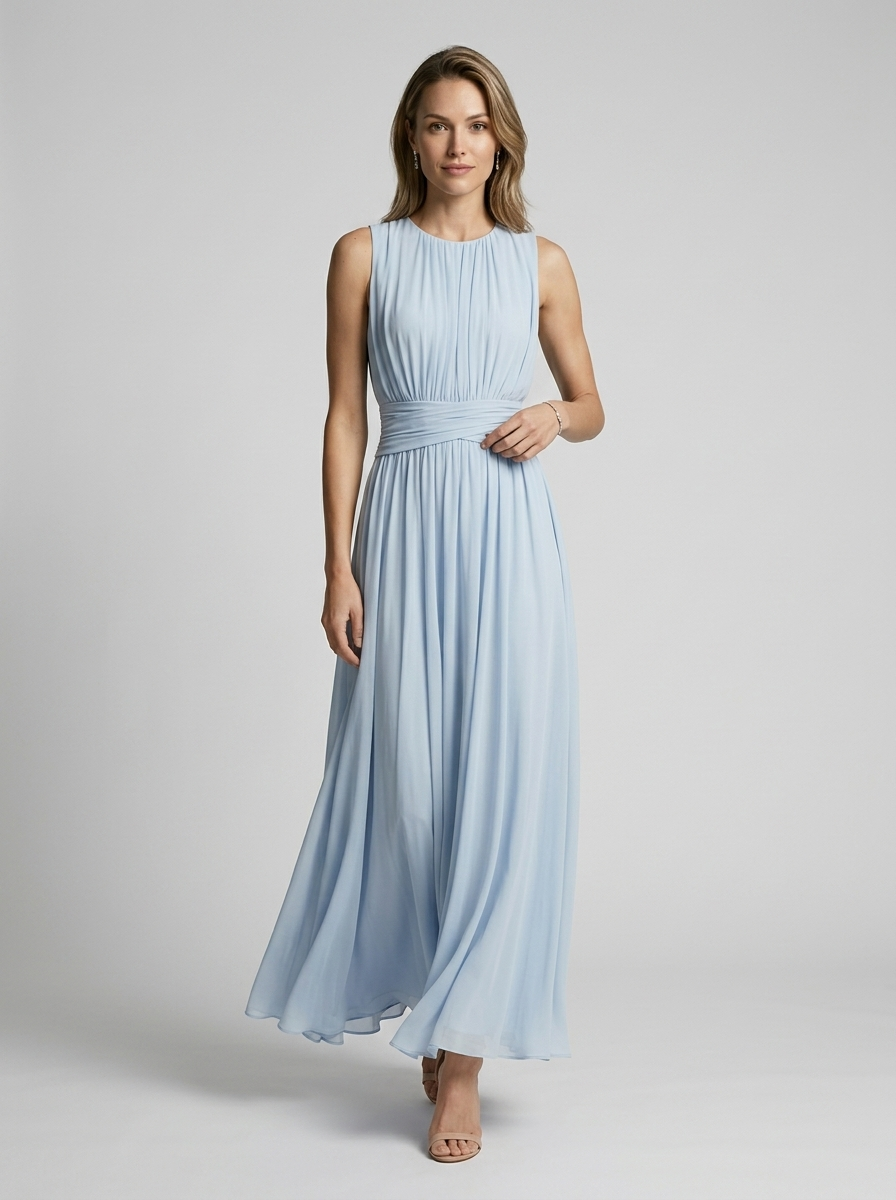 Women's light blue chiffon maxi dress with defined waist