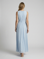 Women's light blue chiffon maxi dress with defined waist