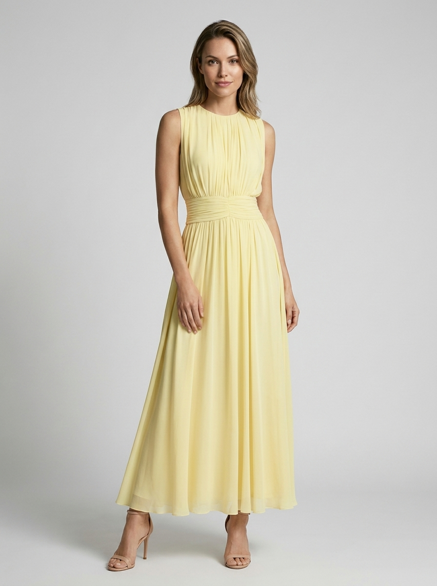 Women's light blue chiffon maxi dress with defined waist