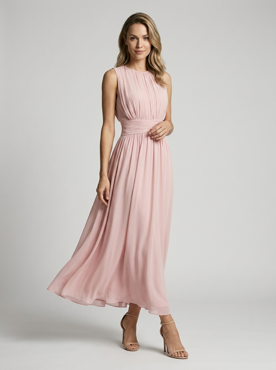 Women's light blue chiffon maxi dress with defined waist