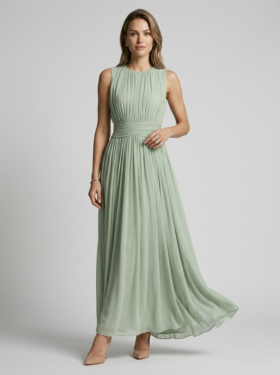 Women's light blue chiffon maxi dress with defined waist