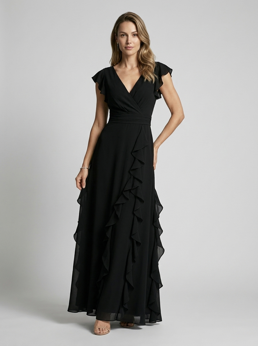 Women's green ruffle maxi dress with deep v-neckline