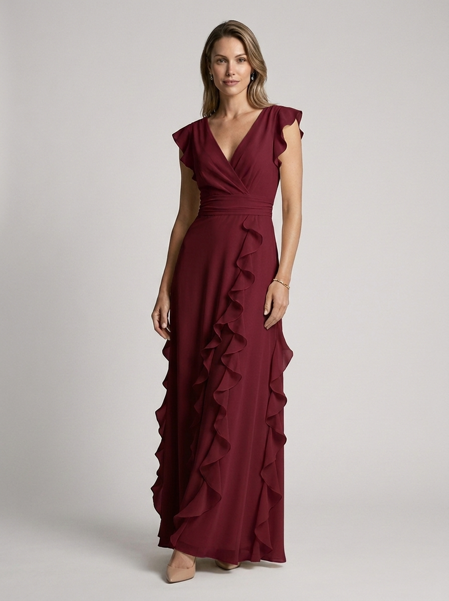 Women's green ruffle maxi dress with deep v-neckline