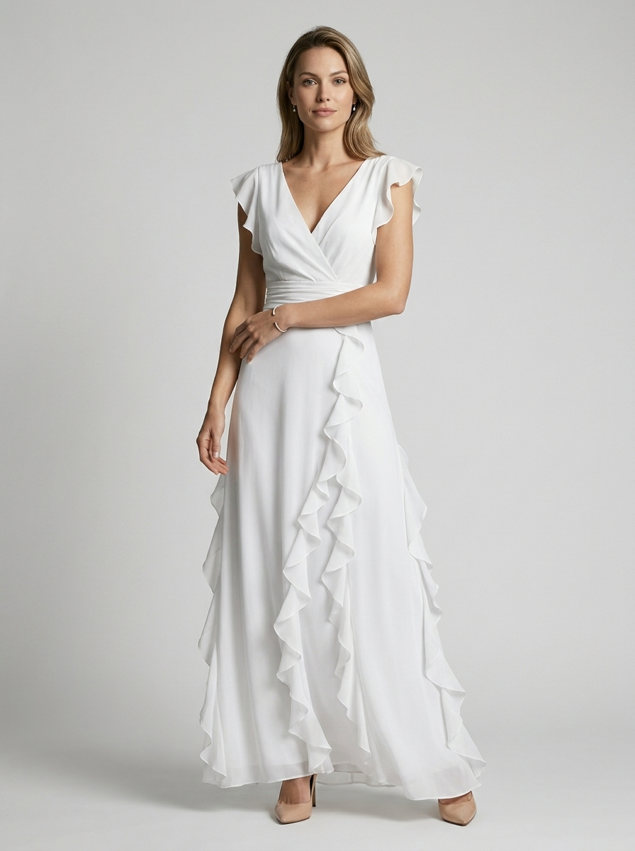 Women's beige ruffle maxi dress with deep v-neckline