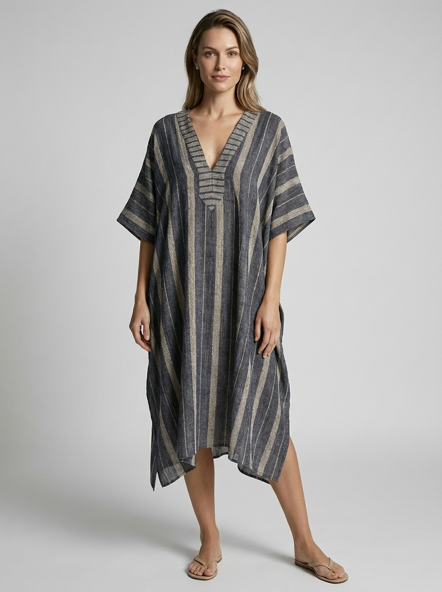 Women's blue striped kaftan dress with v-neck and loose cut