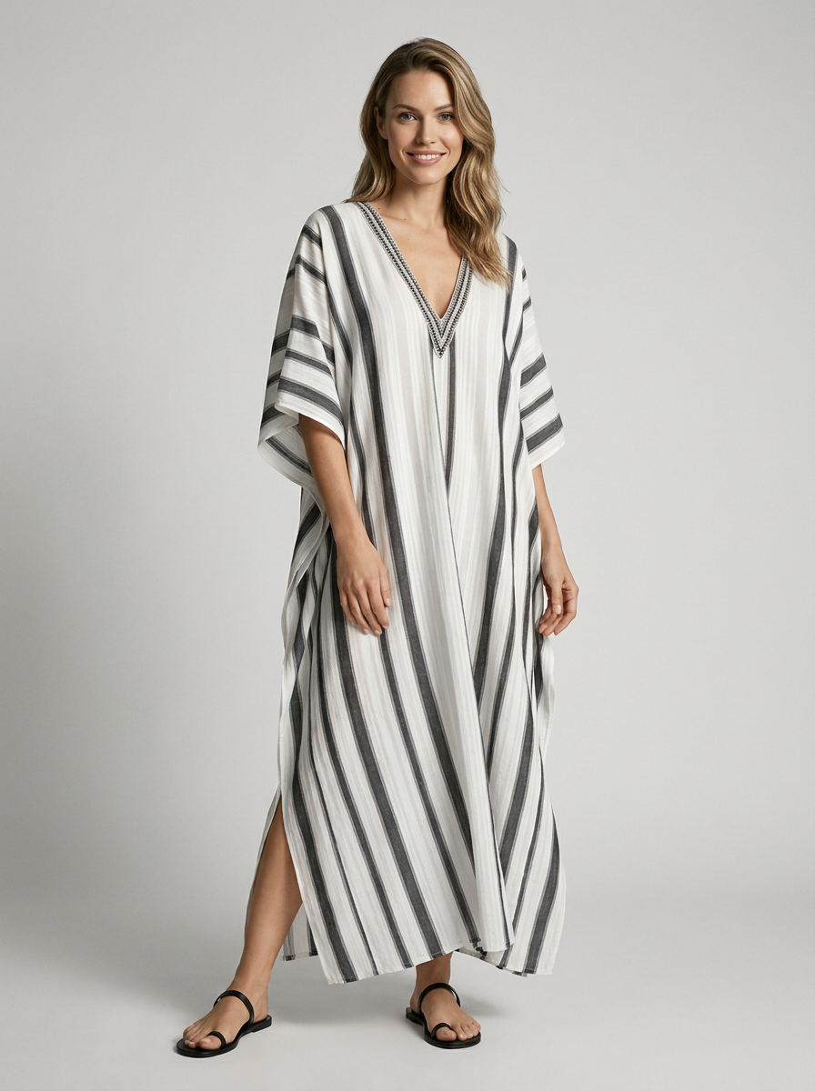 Women's blue striped kaftan dress with v-neck and loose cut