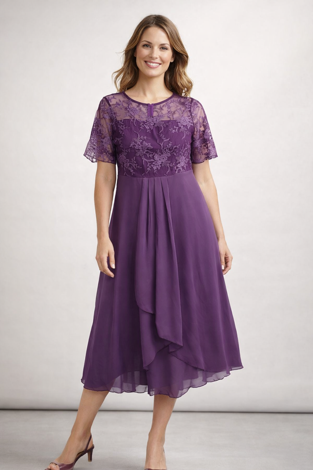 Women's pink lace chiffon midi dress with flowing skirt