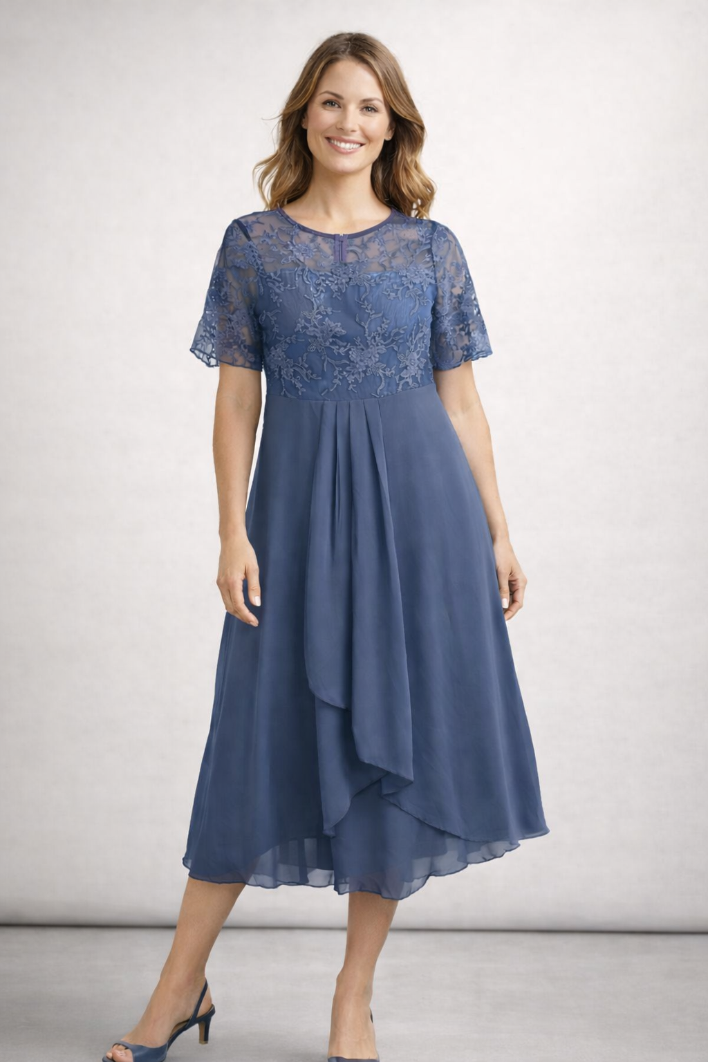 Women's pink lace chiffon midi dress with flowing skirt