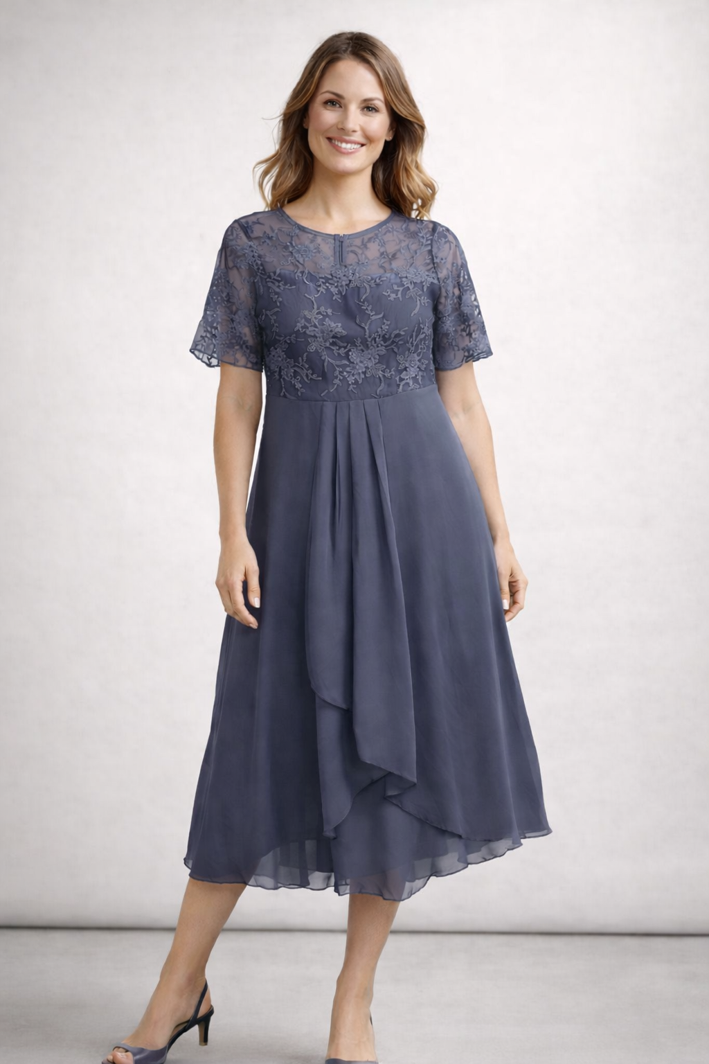 Women's pink lace chiffon midi dress with flowing skirt