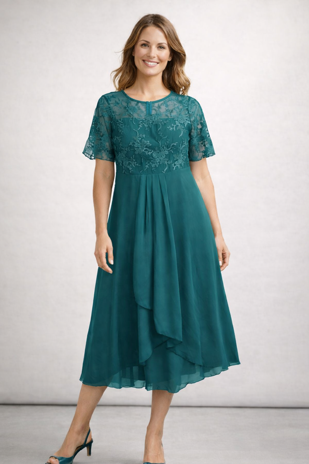 Women's purple lace chiffon midi dress with flowing skirt