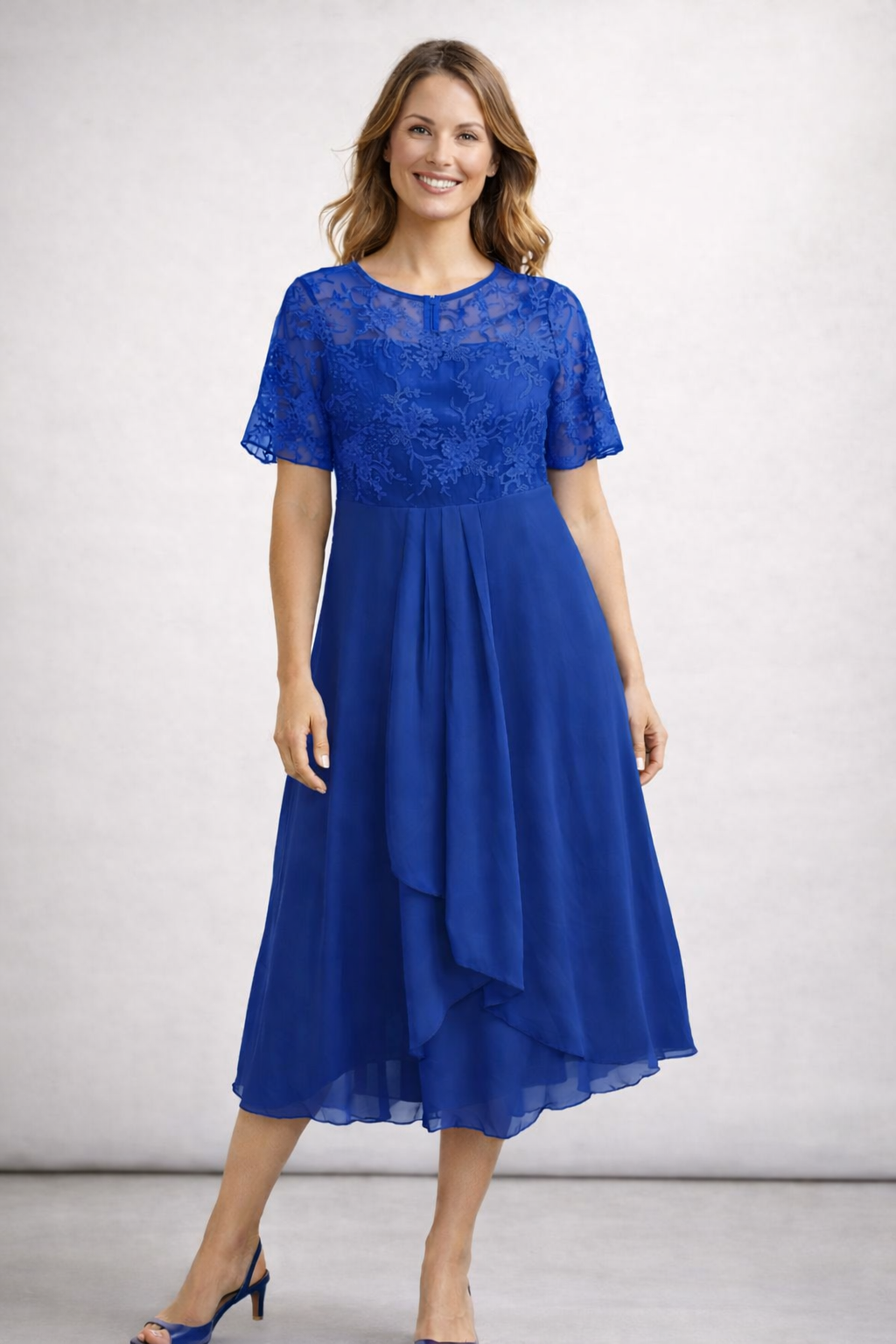Women's purple lace chiffon midi dress with flowing skirt