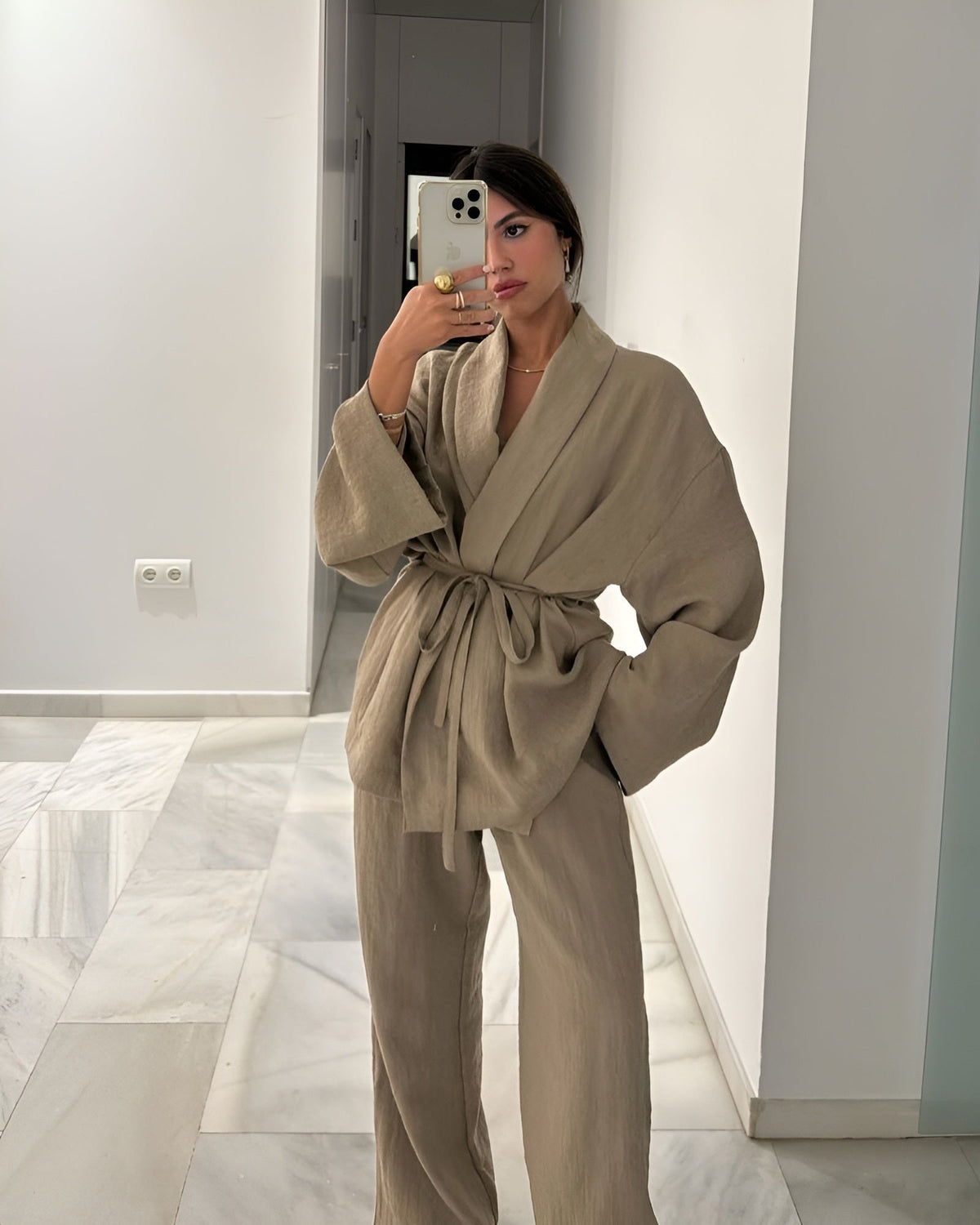 Women's black linen two piece set in natural tones