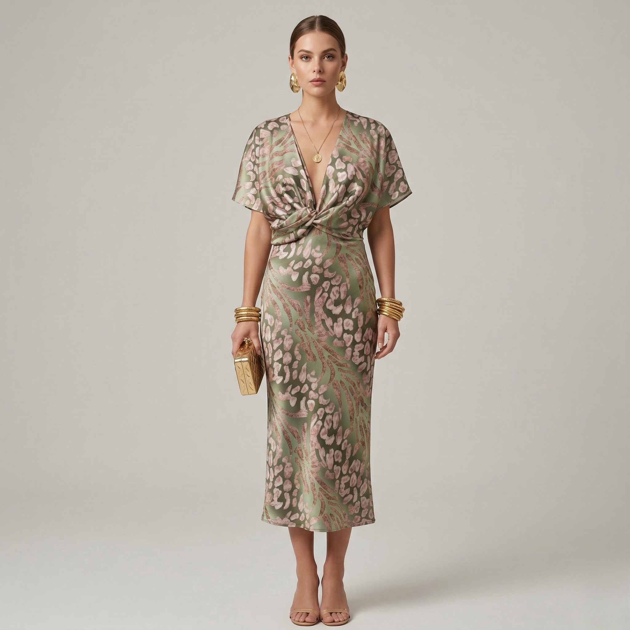 Women's printed midi dress with deep v-neck and front tie detail