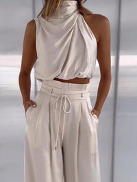 Halle | Women's Satin Two Piece Set with Glossy Evening Top and Trousers