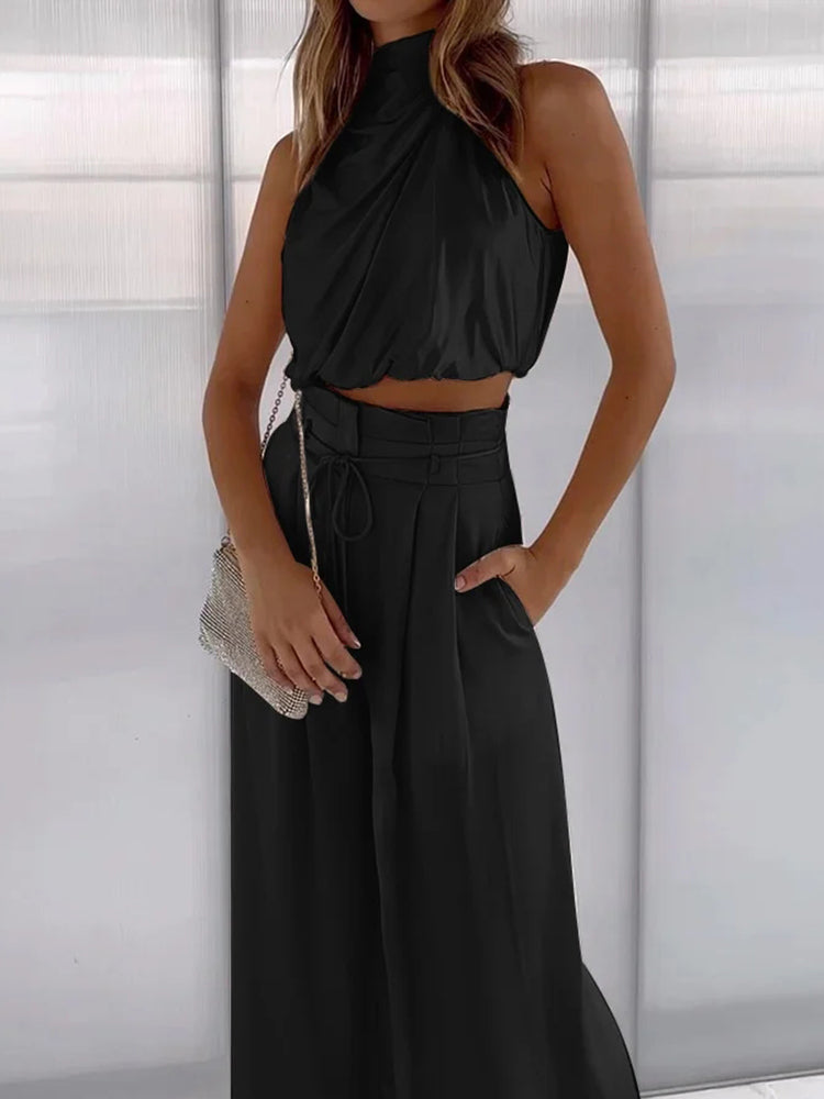 Women's champagne satin two piece set with glossy top and trousers