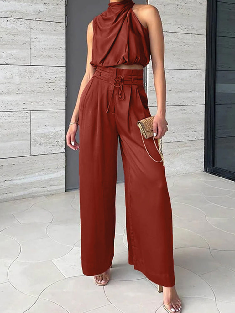 Women's champagne satin two piece set with glossy top and trousers