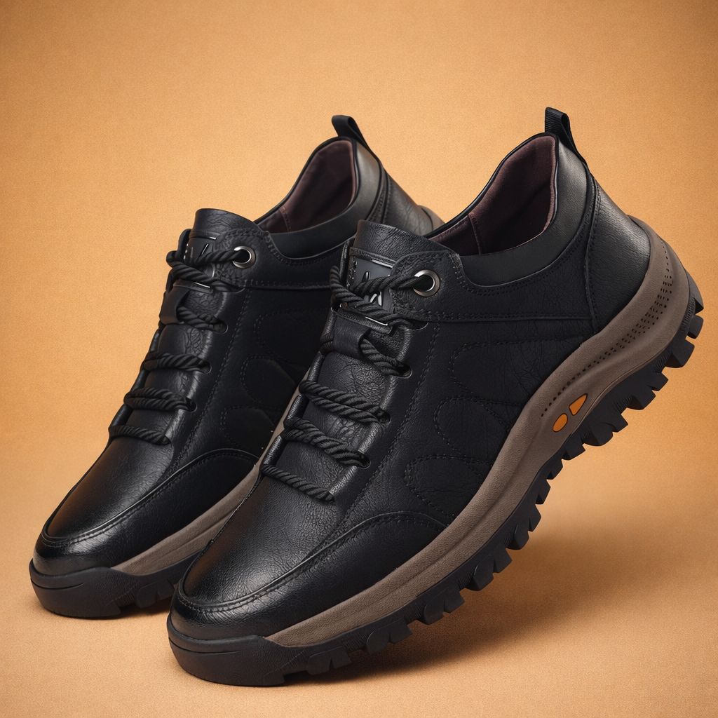 Men's brown hand-stitched leather casual shoes with cushioned sole