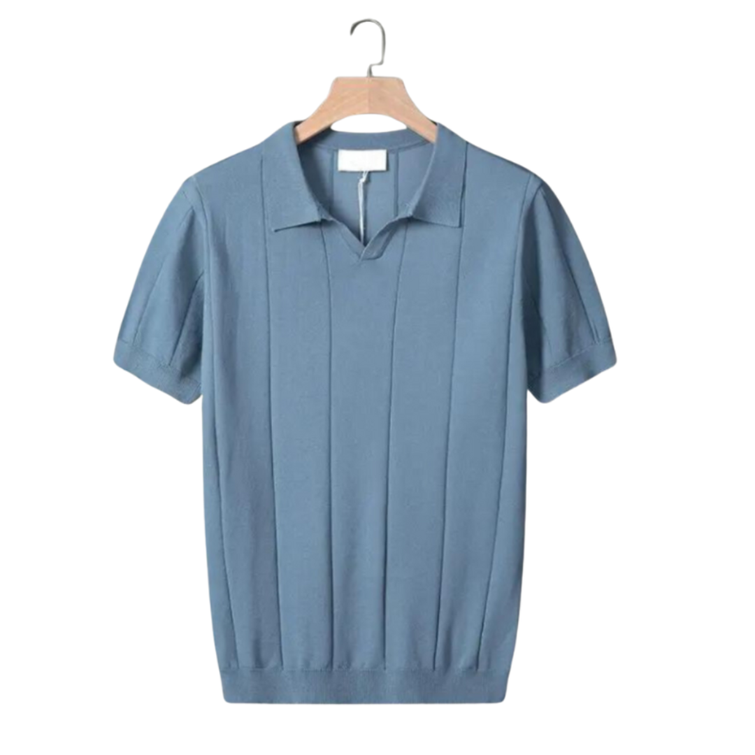 Men's green knitted polo shirt with open v-neck and fine knit