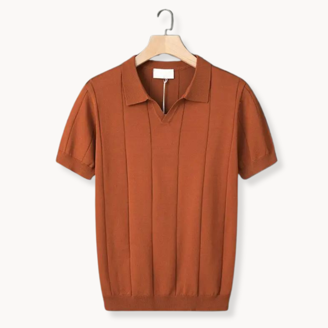 Men's green knitted polo shirt with open v-neck and fine knit