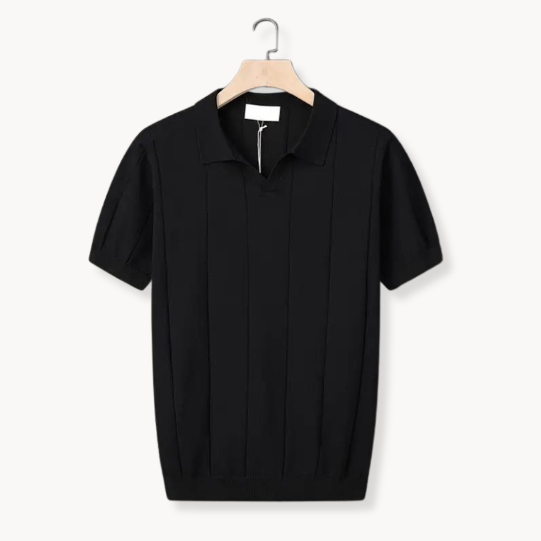 Men's green knitted polo shirt with open v-neck and fine knit